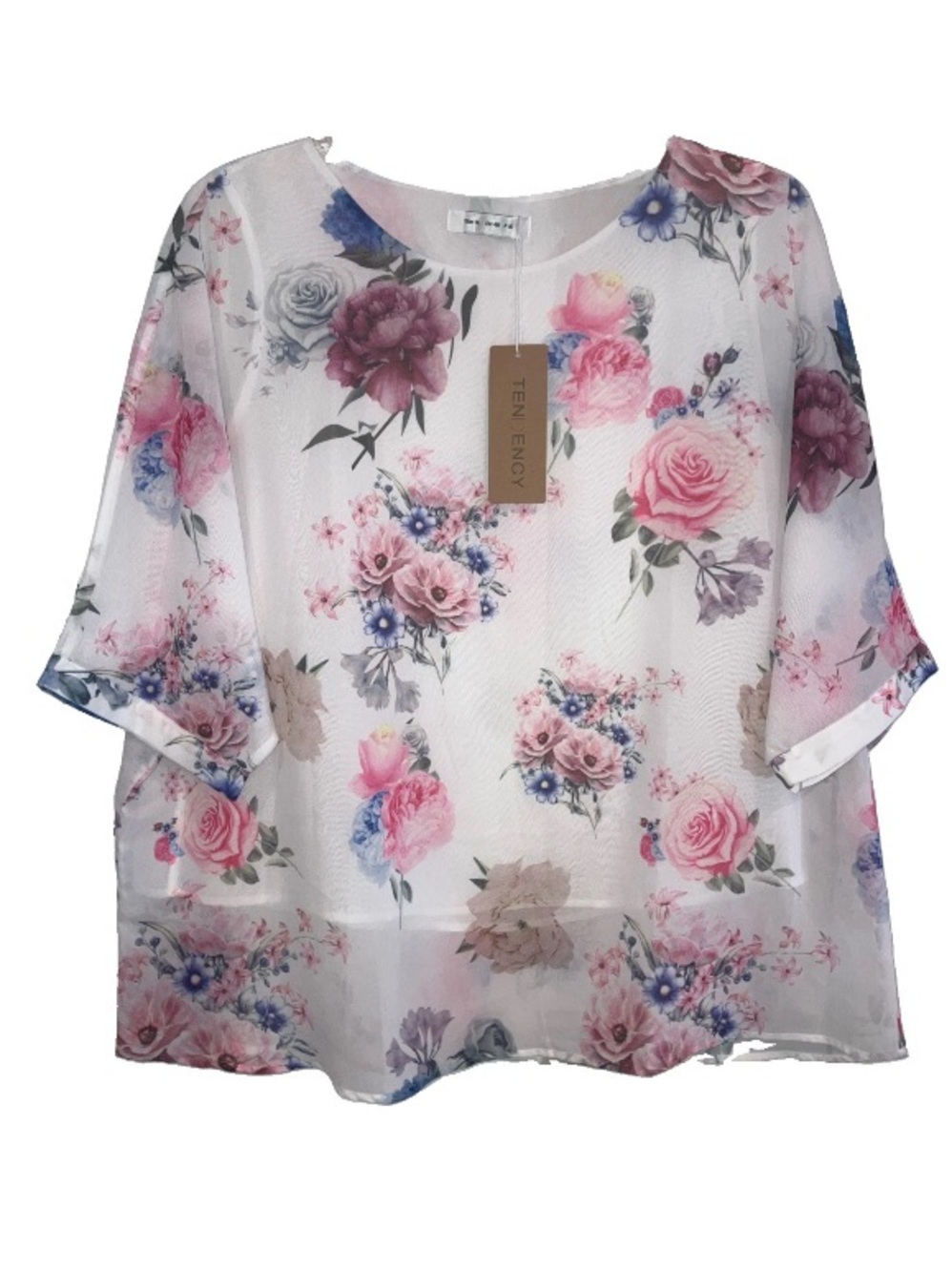 NWT Tendency Curvy Women’s Sz 16 White Floral Flowy Blouse Short Sleeve Romance.
